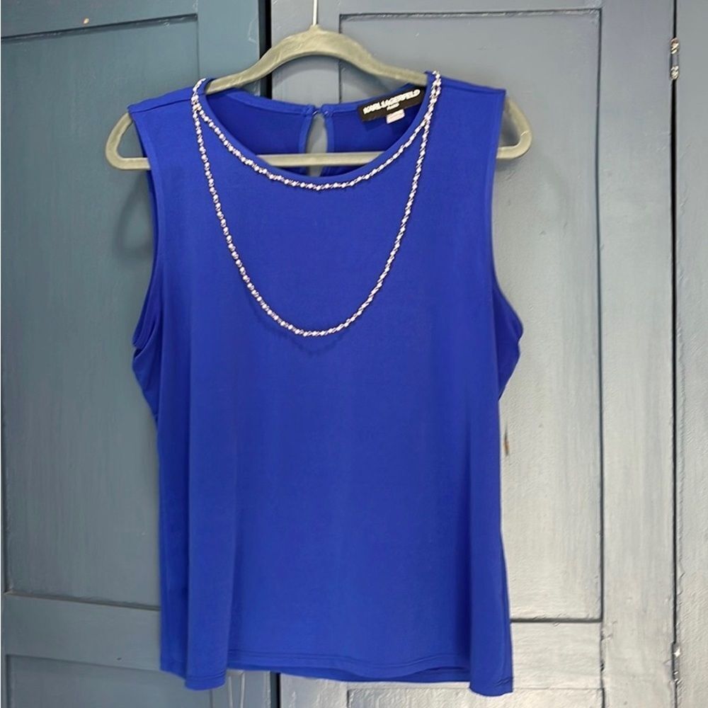 Karl Lagerfeld Sz L 🌺COQUETTE-Style🌺 Sapphire Blue With Attached Pearl Necklace